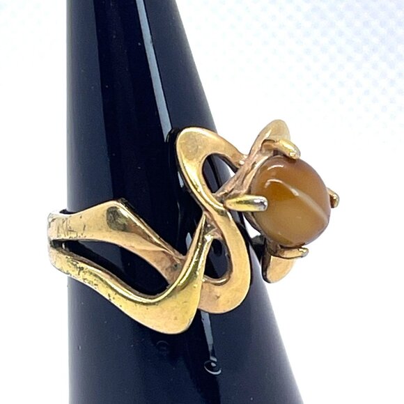 Tiger Eye VTG Art Nouveau 18KT HGE Gold Plate Ring Abstract MCM Retro Size 6.25 - Picture 4 of 11
